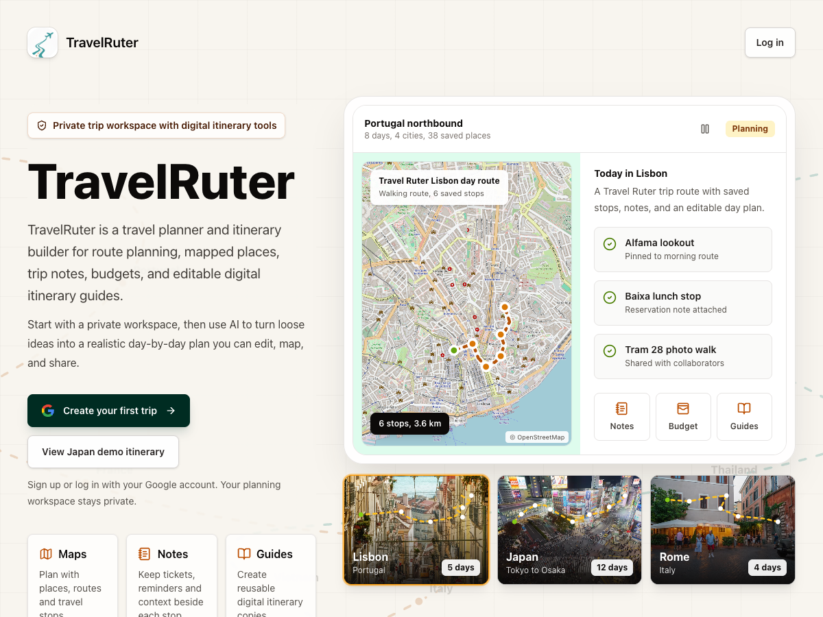 Travel Ruter public website with an interactive mapped route and daily itinerary